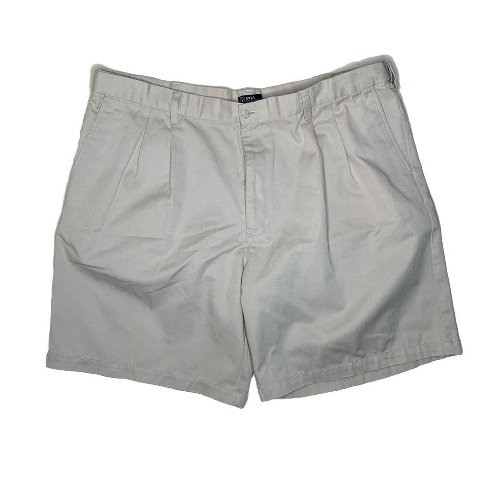 PGA Tour Men's Flat Front Chino Golf‎ Shorts Khaki Size 42 Adj  Waist Pockets